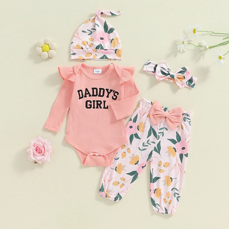 Baby Girls 3Pcs Daddy's Girl Fall Outfit Long Sleeve Ribbed Romper Frill Sleeve + Bow Flower Print Pants + Headband + Hat Set