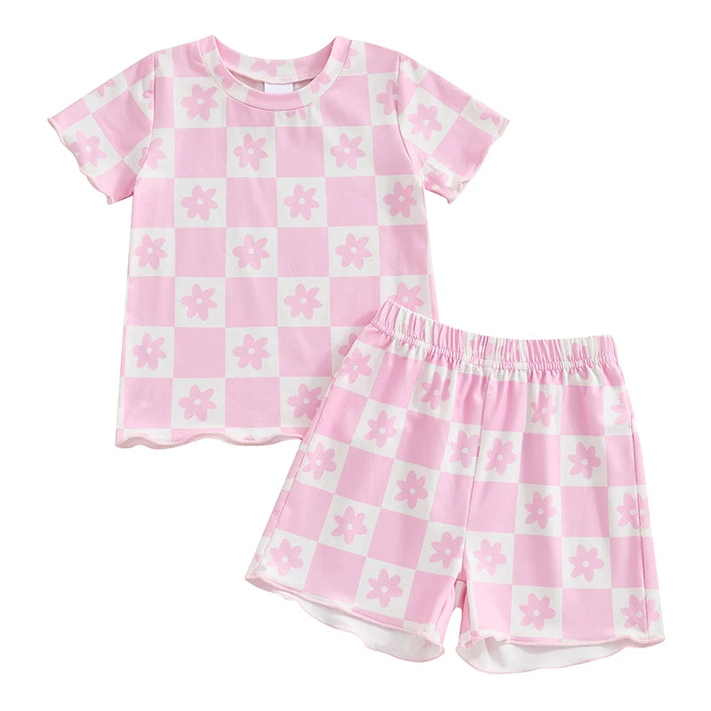 Baby Toddler Girls 2Pcs Outfit Floral Flower Checkered Print Short Sleeve Top with Elastic Waist Shorts Set