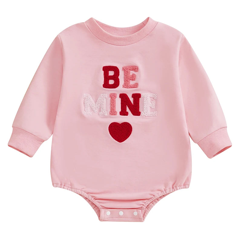 Baby Girls Bubble Romper Valentine's Day Be Mine / Kiss Me / Sweet Heart Letter Embroidered Long Sleeve Jumpsuit Valentines