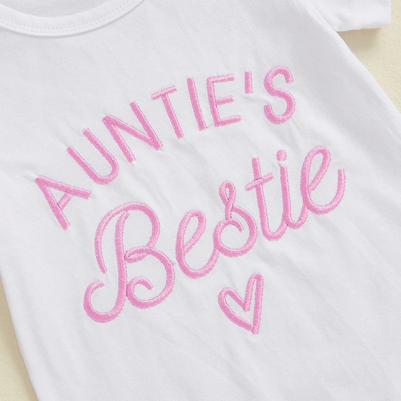 Baby Girls 3Pcs Auntie's Bestie Outfit Short Sleeve Letter Print Romper with Leopard Pattern Print Belted Pants and Headband Set