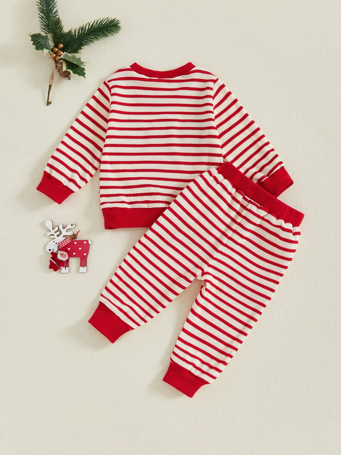 Baby Toddler Girls Boys 2Pcs Christmas Outfit Car Truck Tree Embroidered Striped Crew Neck Long Sleeve Pullover Top and Pants 2Pcs Jogger Set