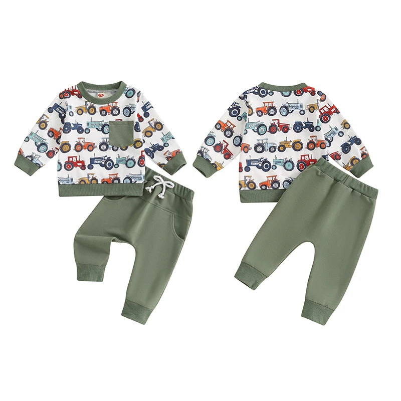 Baby Toddler Boys 2Pcs Set Long Sleeve Crew Neck Tractor Print Top with Elastic Waist Pants Outfit