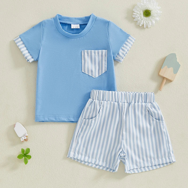 Baby Toddler Boys 2Pcs Set O-Neck Short Sleeve T-shirt Top Striped Elastic Waist Shorts Summer Outfit