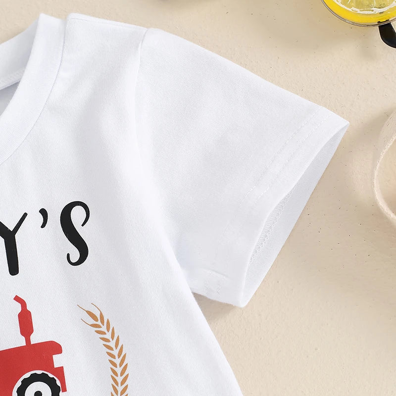 Toddler Baby Boy 2Pcs Daddy's Little Farmer Tractor Short Sleeve Letter Print Top + Elastic Waist Tractor Cow Hay Print Shorts Summer Set