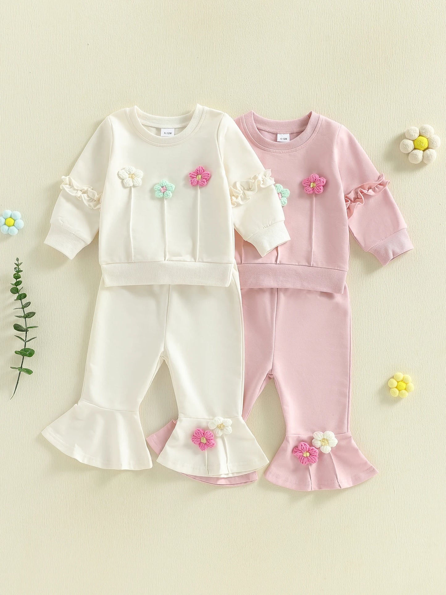 Baby Toddler Girls 2Pcs Spring Outfit Long Sleeve Crew Neck 3D Crochet Flower Decor Top and Bell Bottom Pants Set