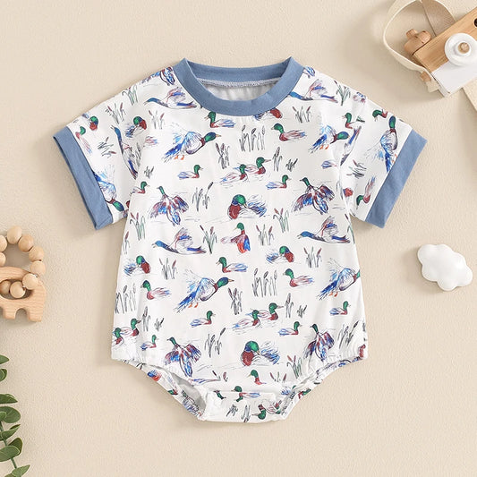 Baby Boy Romper Short Sleeve Crew Neck Duck Bird Print Jumpsuit