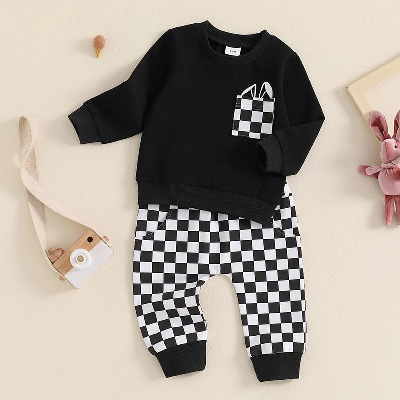 Baby Toddler Boys 2Pcs Autumn Outfit Long Sleeve O Neck Top Bunny Rabbit Ears Pocket Checkered Print Pants Set