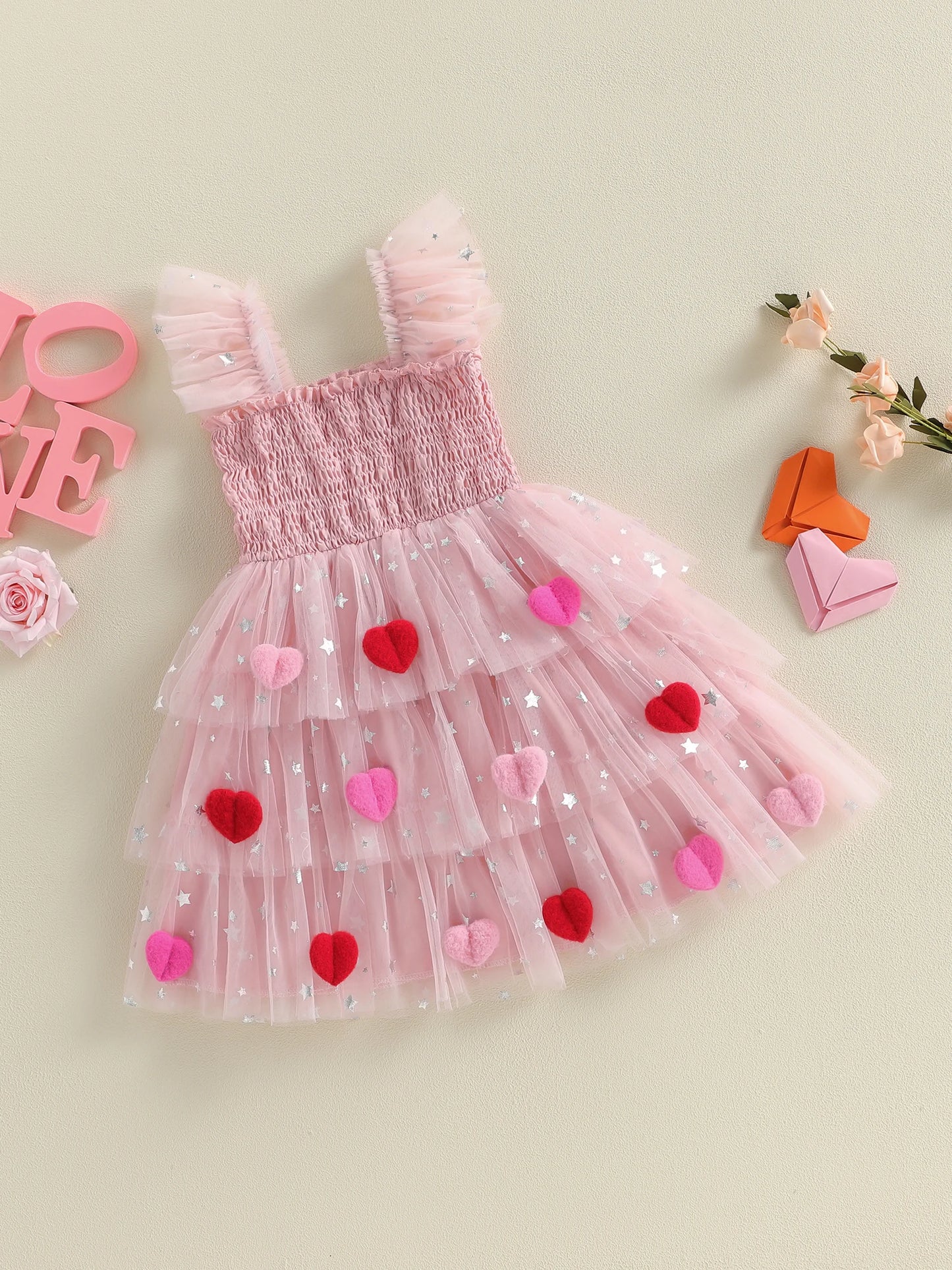 Baby Toddler Kids Girls Valentine's Day Tutu Dress Heart Decorated Sleeveless Square Neck Tulle Layered Dress