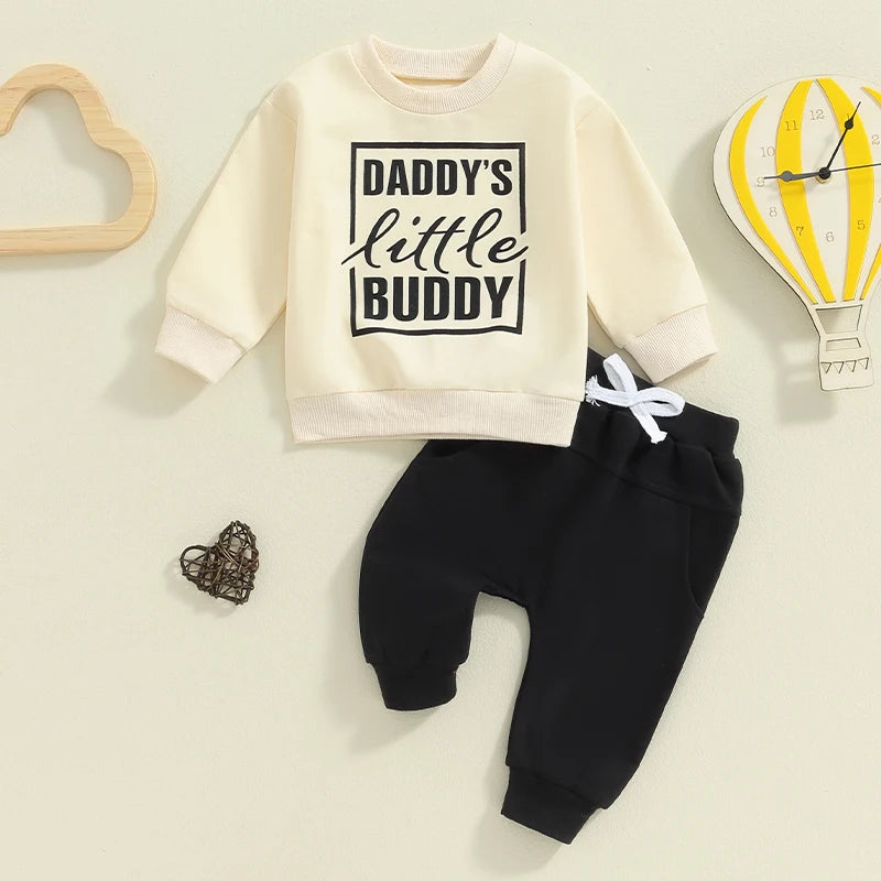 Baby Toddler Boys 2Pcs Daddy's Little Buddy Fall Outfit Letter Print Long Sleeve Round Neck Top and Solid Color Pants Set