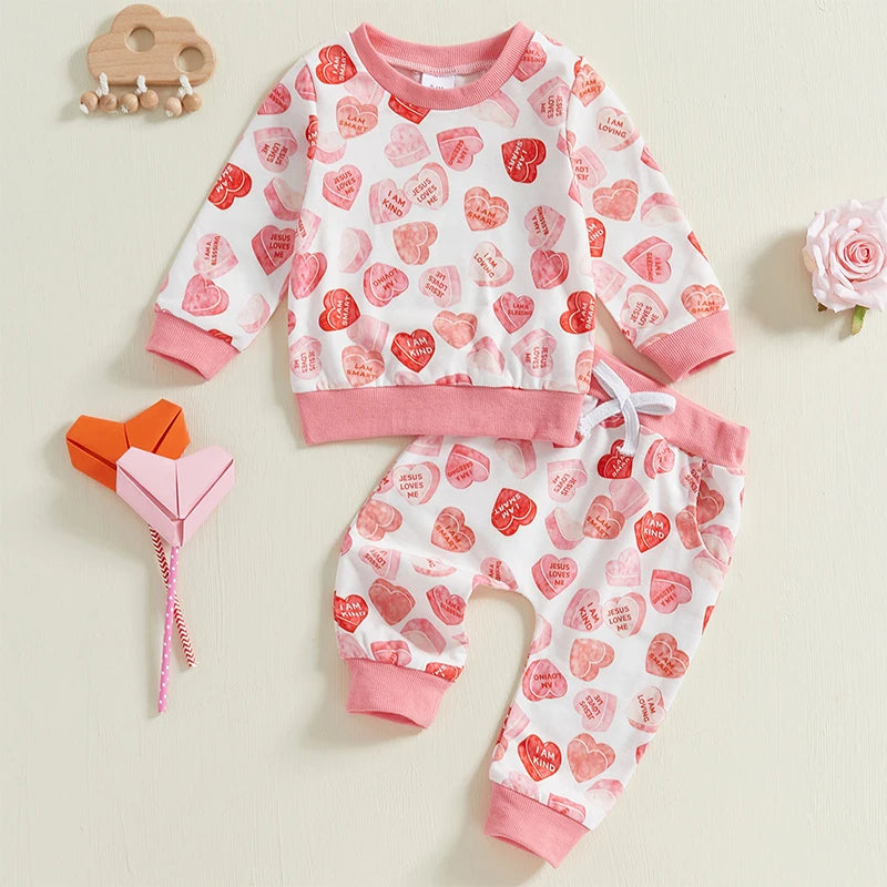 Baby Toddler Girls 2Pcs Valentine's Day Outfit Candy Heart Print Long Sleeve Crewneck Top Elastic Waist Long Pants with Pockets Jogger Set