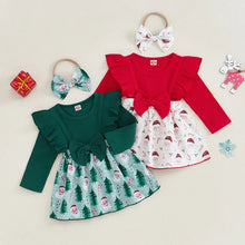 Load image into Gallery viewer, Baby Girls 2Pcs Romper Dress Santa Tree Print Skirt Hem Round Neck Long Sleeve Christmas Bodysuit with Headband Set Outfit
