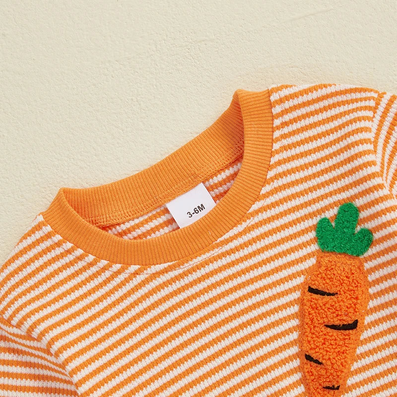 Baby Girls Boys Easter Romper Stripe Bunny Rabbit / Carrot Embroidery Long Sleeve Jumpsuit Bodysuit