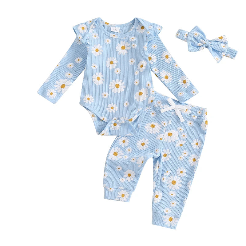 Baby Girls 3Pcs Fall Outfit Daisy Flower Print Long Sleeve Romper with Long Pants and Headband Set