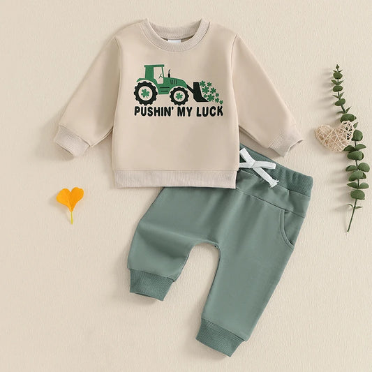 Baby Toddler Boys 2Pcs Pushin' My Luck Outfit Long Sleeve Tractor Shamrock Print Crewneck Top and Pants St. Patrick's Day Jogger Set