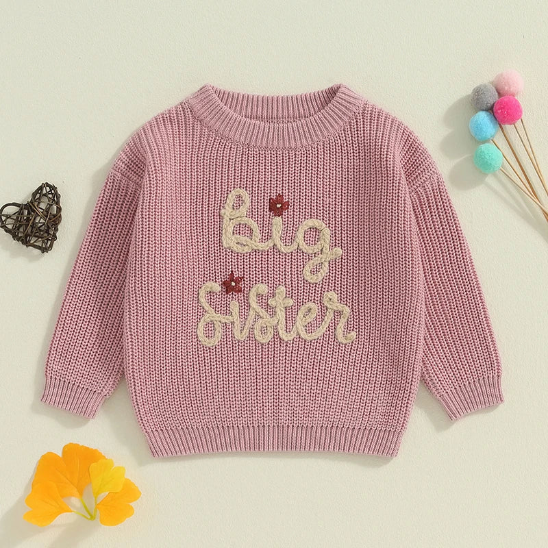 Baby Toddler Kids Girls Big Sister Autumn Winter Knit Sweater Long Sleeve O Neck Letter Embroidery Pullover Knitwear Top