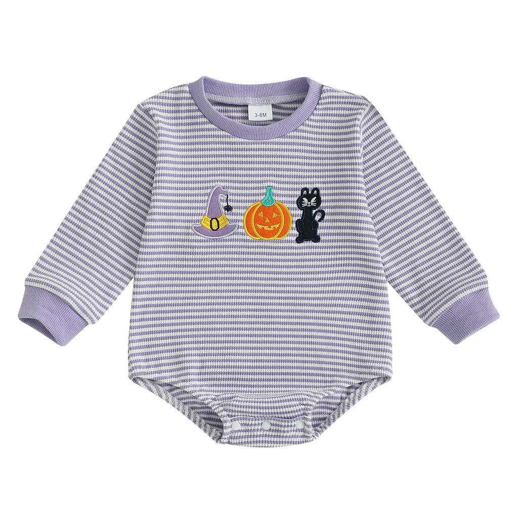 Baby Girls Boys Halloween Romper Long Sleeve Crew Neck Pumpkin Ghost Embroidery Bodysuit Fall