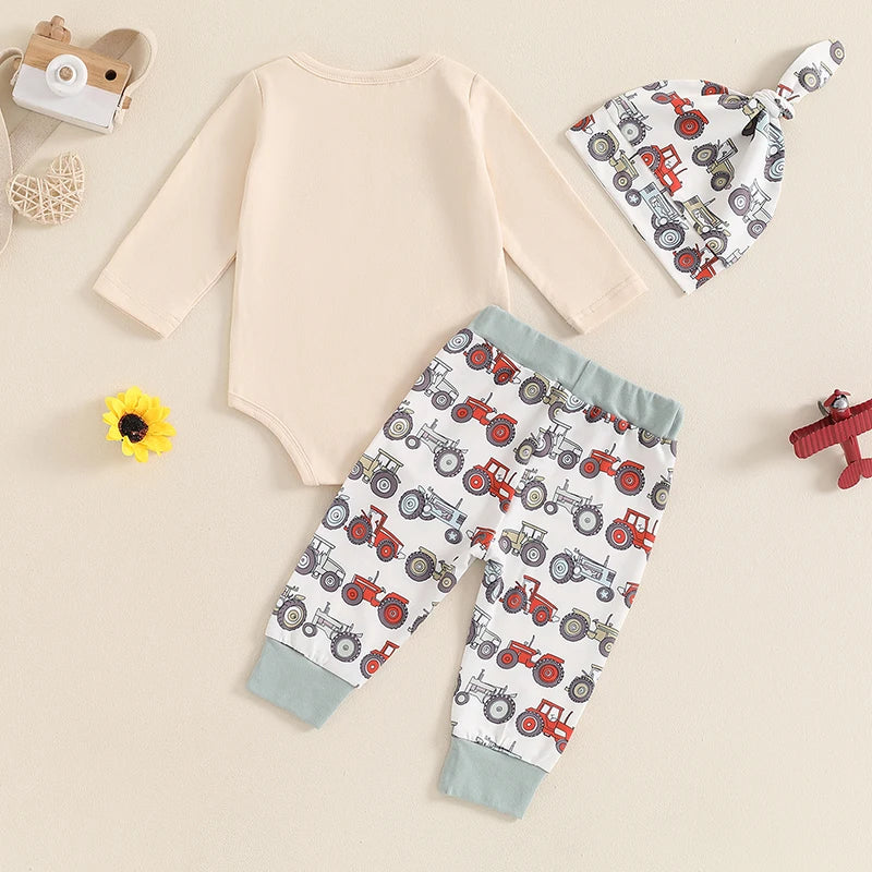 Baby Boys 3Pcs New To The Farm Long Sleeve O-Neck Embroidery Romper with Tractor Print Pants Hat Outfit Set