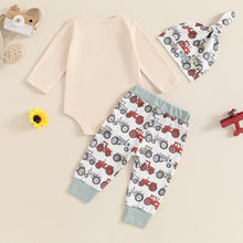 Load image into Gallery viewer, Baby Boys 3Pcs New To The Farm Long Sleeve O-Neck Embroidery Romper with Tractor Print Pants Hat Outfit Set
