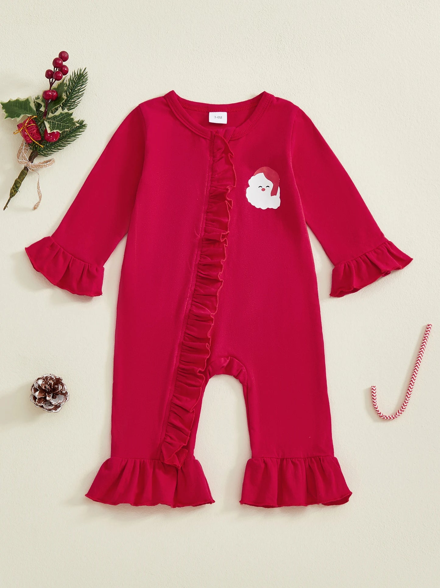 Baby Girl Bell Bottom Romper Fashionable Santa Claus Print Ho Ho Ho Bottom Round Neck Long Sleeve Ruffled Jumpsuit