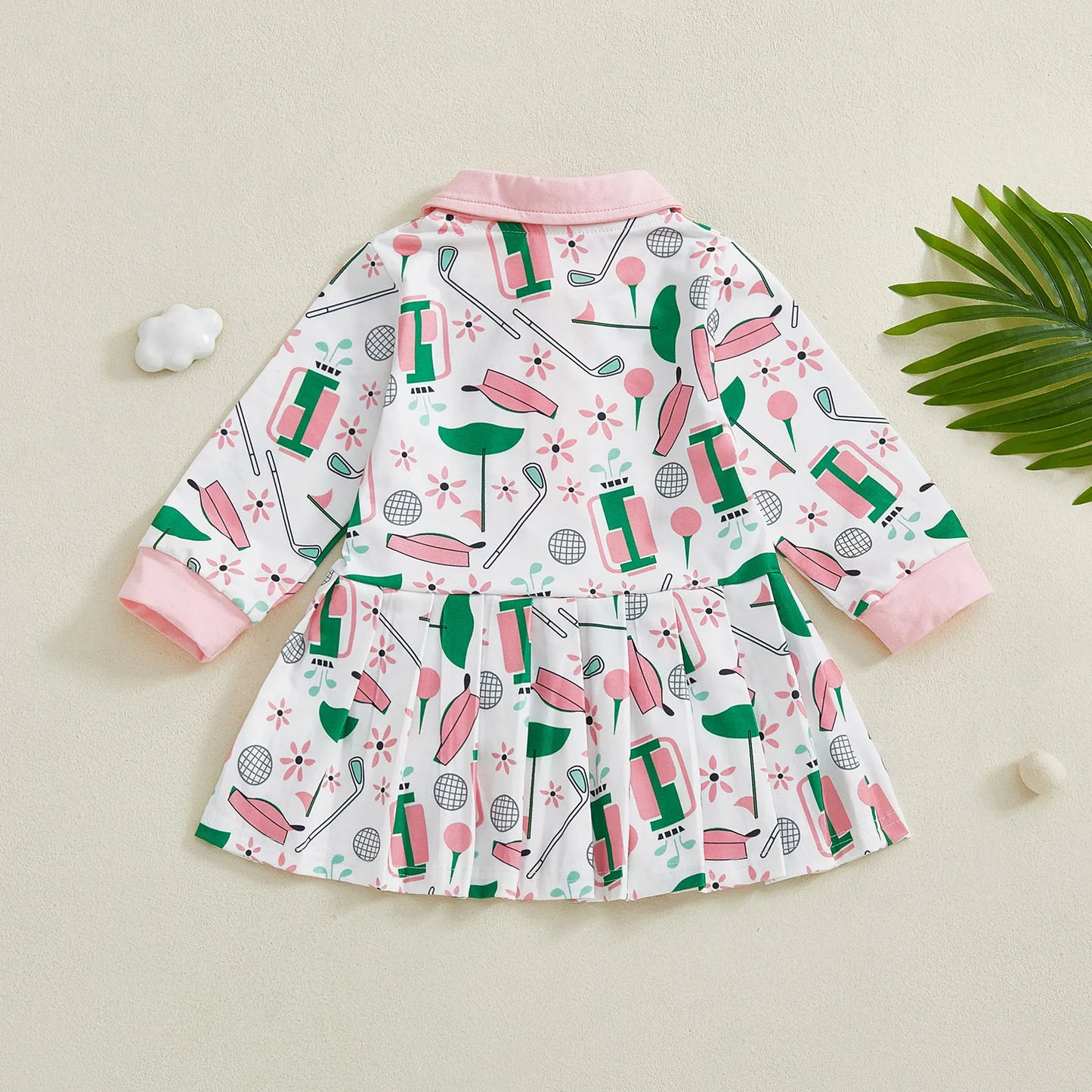 Baby Toddler Girl Golf Print Dress Lapel Button Front Long Sleeves A Line Dress