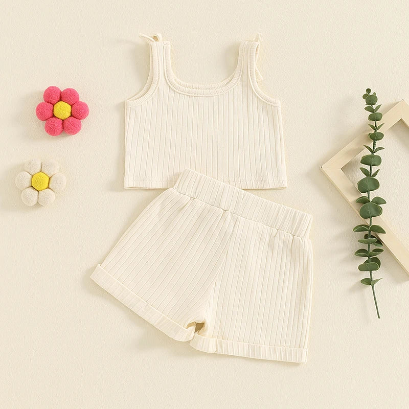 Baby Toddler Girls 2Pcs Summer Outfit Solid Color Ribbed Tank Top Tie Strap Shorts Clothes Matching Set