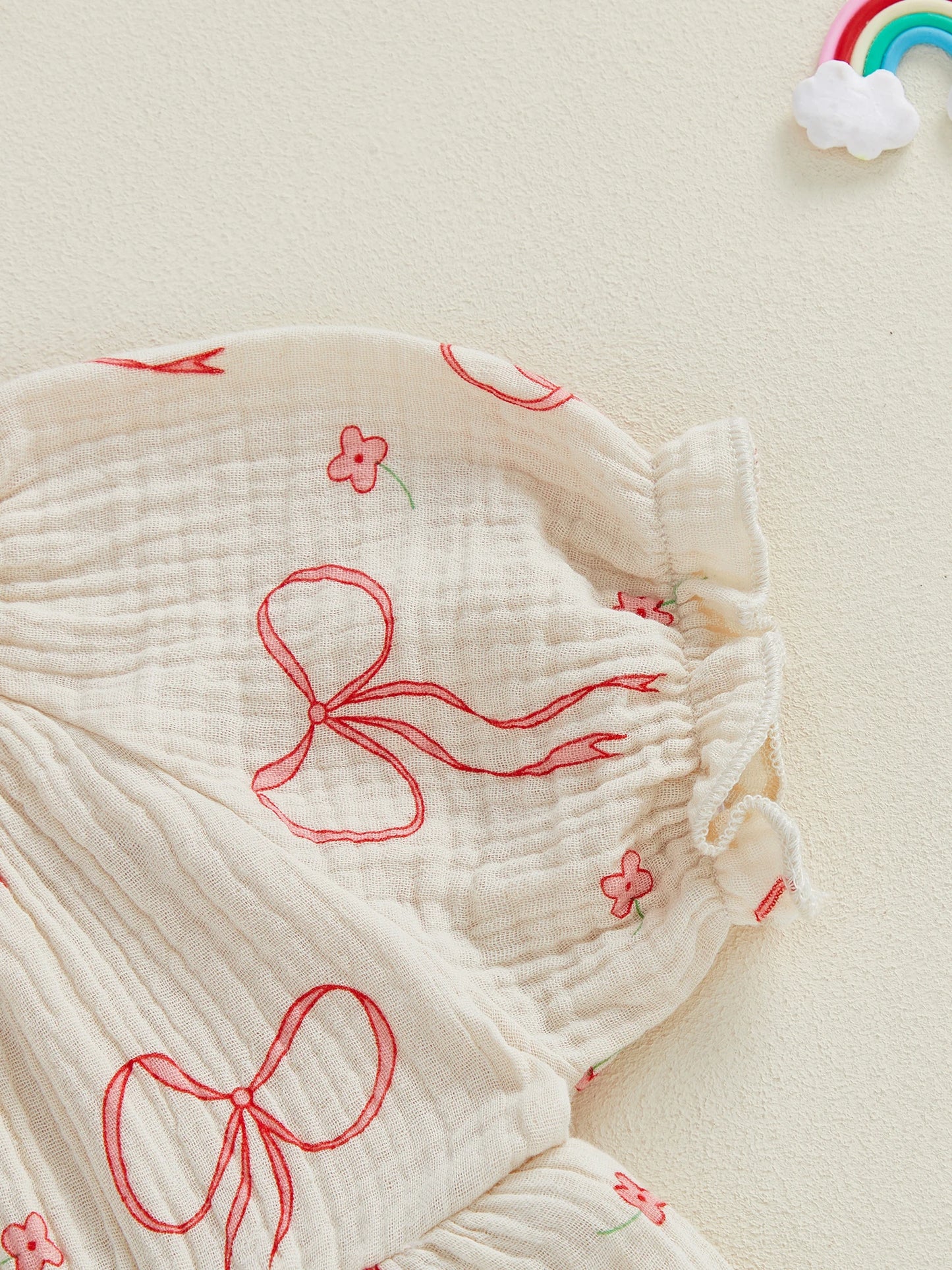 Baby Girls 2Pcs Outfit Cute Short Sleeve Round Neck Bow Flower Print Jumpsuit with Headband Set