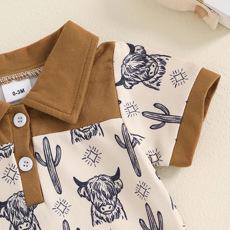 Baby Boy Romper Casual Cattle Cow Cactus Print Collar Short Sleeve Jumpsuit