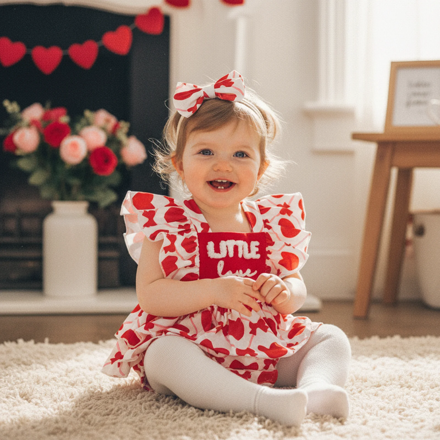 Baby Girls 2Pcs Little Love Valentine's Day Romper Flutter Sleeve Letter Embroidery Heart Print Jumpsuits with Bow Headband Set