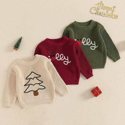 Baby Toddler Boys Girls Christmas Sweater Reindeer Letter Tree Jolly Embroidery Crew Neck Long Sleeve Pullover Knit Top