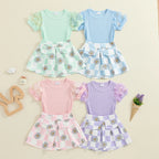 Toddler Kids Girls 2Pcs Summer Outfit Mesh Flower Sleeve Ribbed Top Floral Checker Print Skirt Set