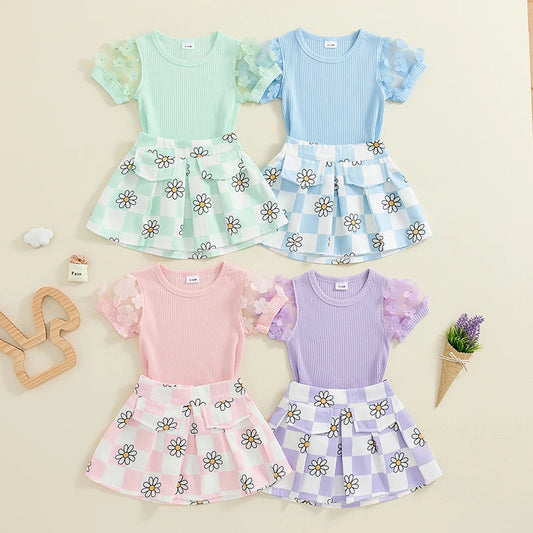 Toddler Kids Girls 2Pcs Summer Outfit Mesh Flower Sleeve Ribbed Top Floral Checker Print Skirt Set