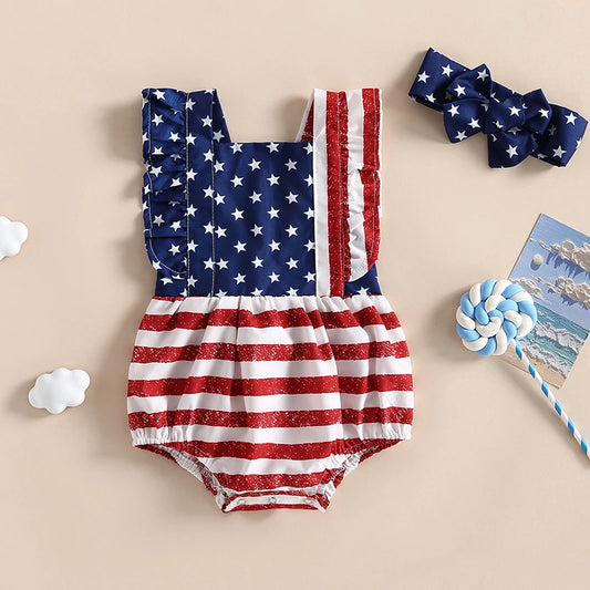 Baby Girl 2Pcs 4th of July Outfit Sleeveless Backless Ruffle Romper USA Flag with Headband Set