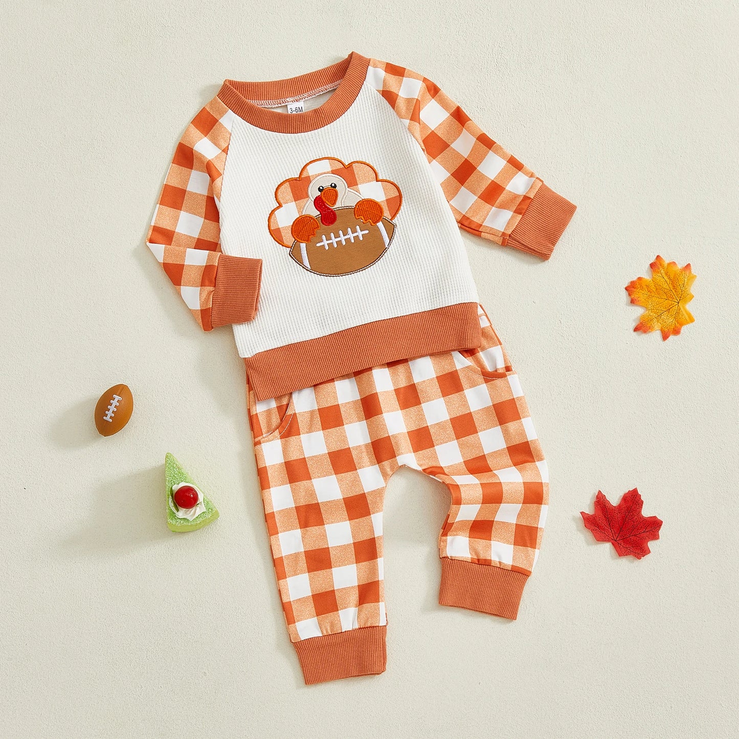 Baby Toddler Boys 2Pcs Plaid Jogger Set Fall Turkey Football Pattern Long Sleeve Round Neck Pullover Top Pants Thanksgiving Outfits