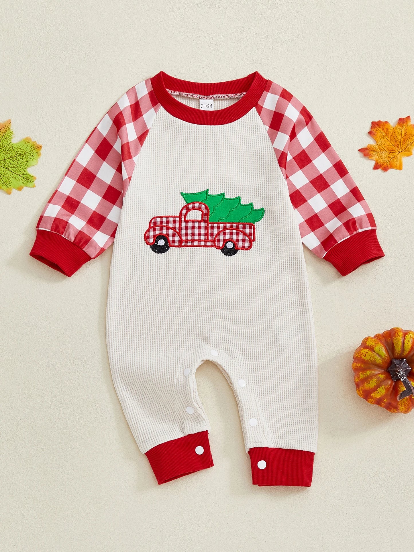 Baby Girl Boy Thanksgiving/Christmas Casual Jumpsuit Long Sleeve Round Neck Car Truck Pumpkin Christmas Tree Embroidery Plaid Romper
