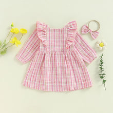 Load image into Gallery viewer, Toddler Kids Girls 2Pcs Dress Square Neck Ruffles Plaid Buttons Long Sleeve Casual Fall Princess Dress with Headband Set
