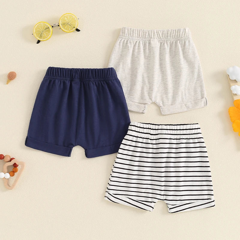 Baby Toddler Boys 3Pcs Summer Shorts Elastic Band Solid Color/Striped Button Shorts Set of Three