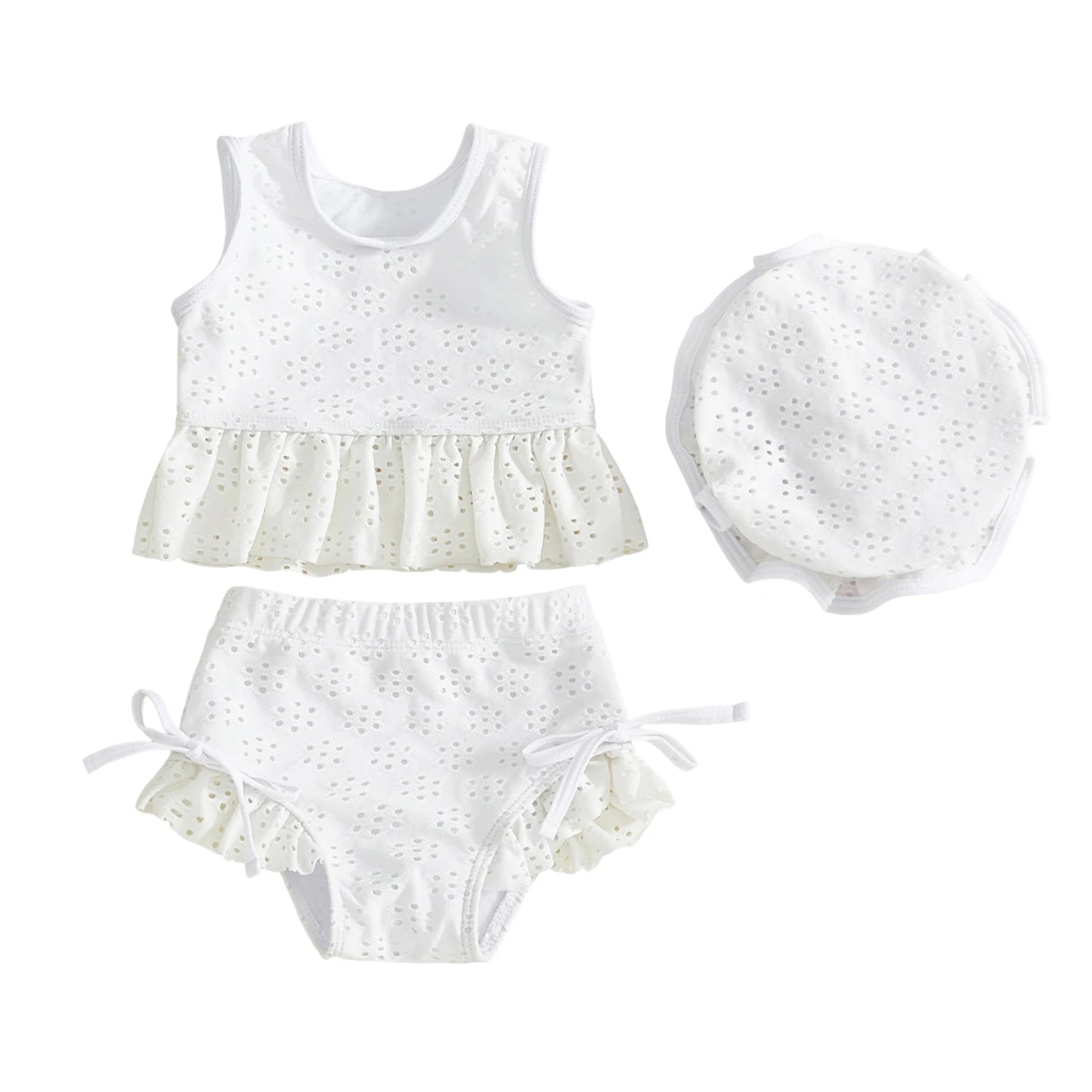 Baby Toddler Girls 3Pcs Swimsuit Set Sleeveless Crew Neck Solid Embroidery Top Bikini Bottoms and Hat Swimwear