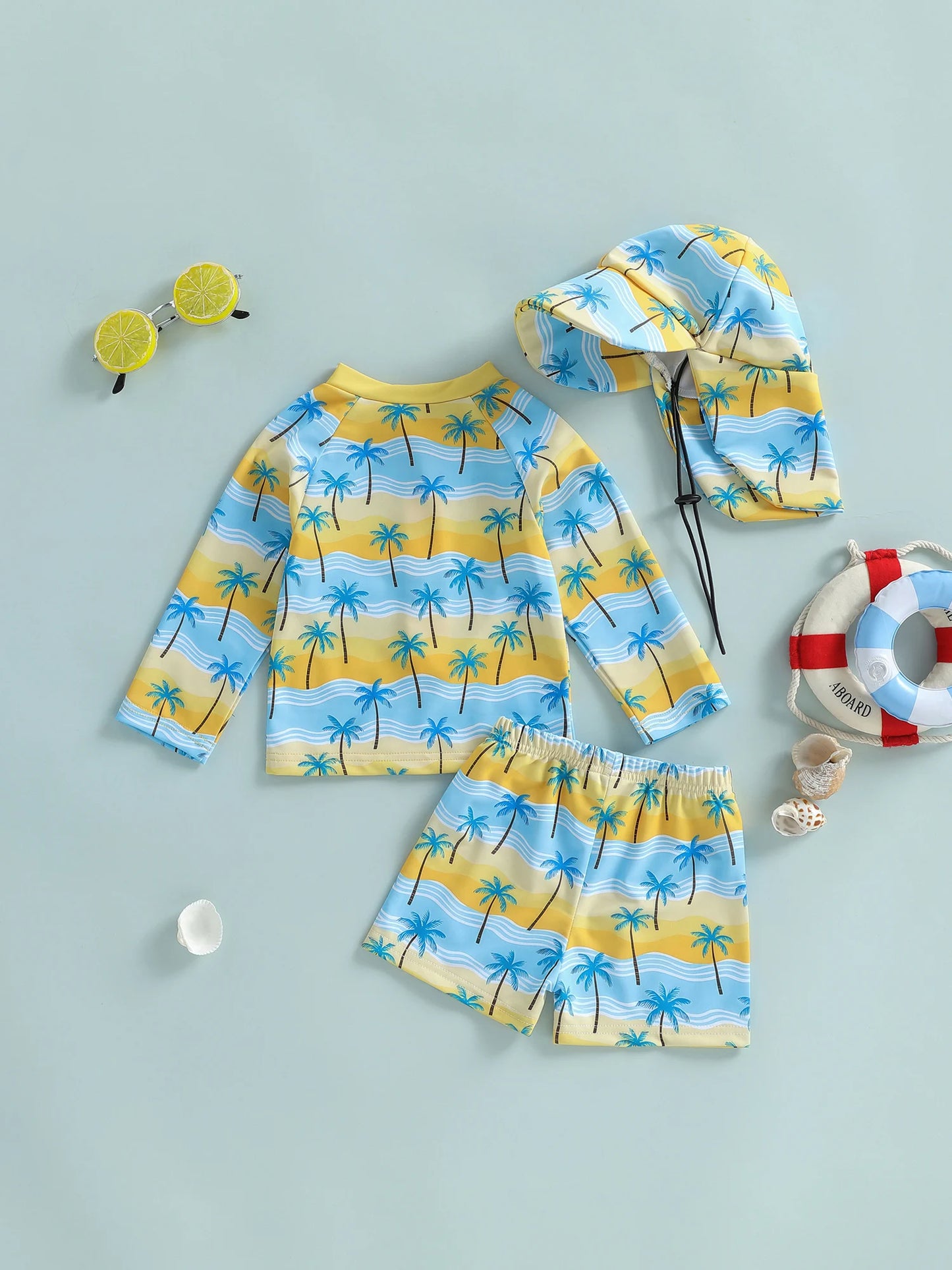 Baby Toddler Boys 3Pcs Rash Guard Swimsuit Set Palm Tree Print Long Sleeve Round Neck Top and Shorts Hat Set