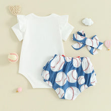 Load image into Gallery viewer, Baby Girl 3Pcs Little Sister Biggest Fan Outfit Letter Print Short Sleeve Romper Baseball Print Ruffles Shorts Skirt Bow Headband Clothes Set
