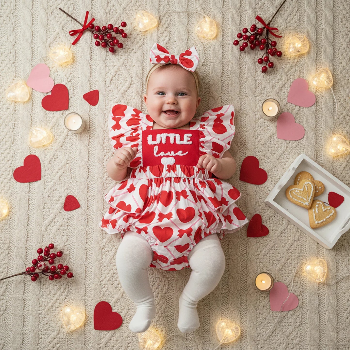 Baby Girls 2Pcs Little Love Valentine's Day Romper Flutter Sleeve Letter Embroidery Heart Print Jumpsuits with Bow Headband Set