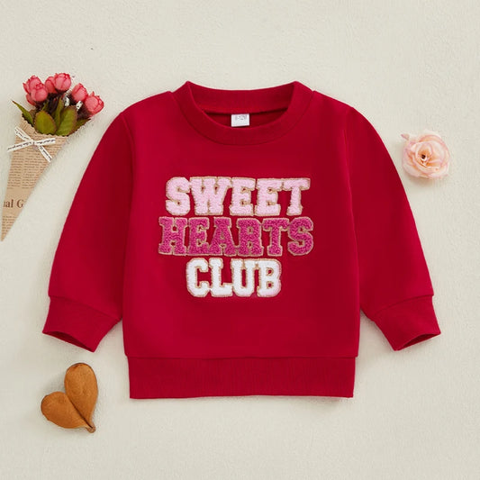 Baby Toddler Girls Sweet Hearts Club Valentine's Day Letter Embroidery Crewneck Long Sleeve Casual Pullover Top Valentines