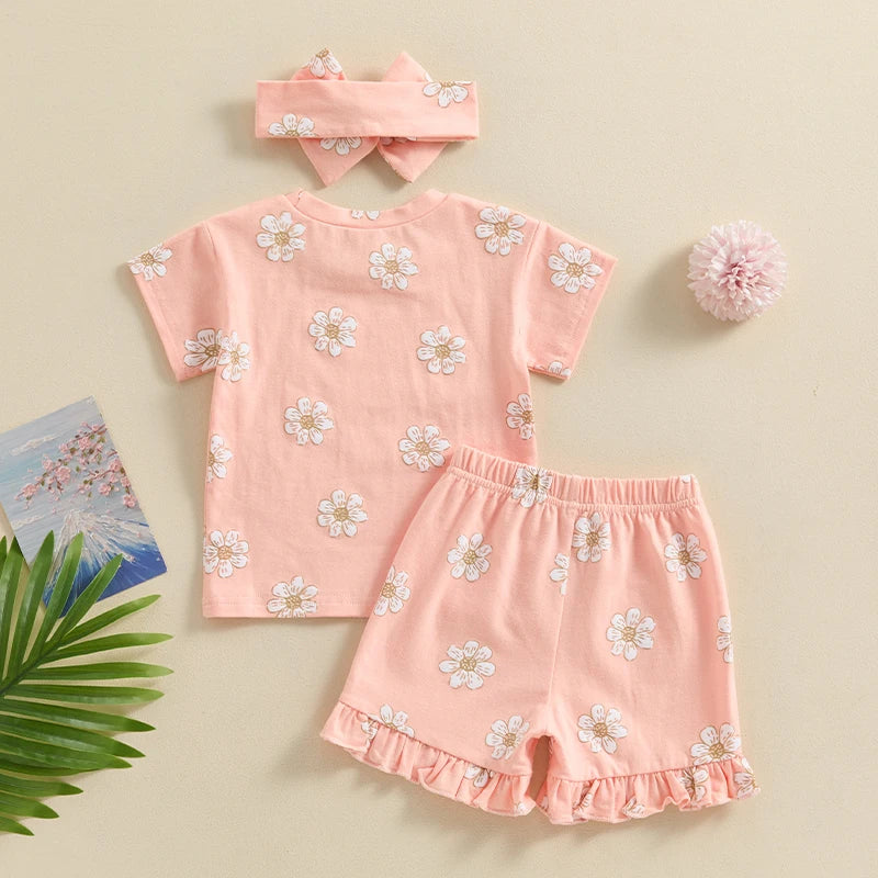 Baby Toddler Girl 3Pcs Summer Outfit Floral Flower Print Short Sleeve Top with Elastic Waist Ruffled Shorts Headband Set