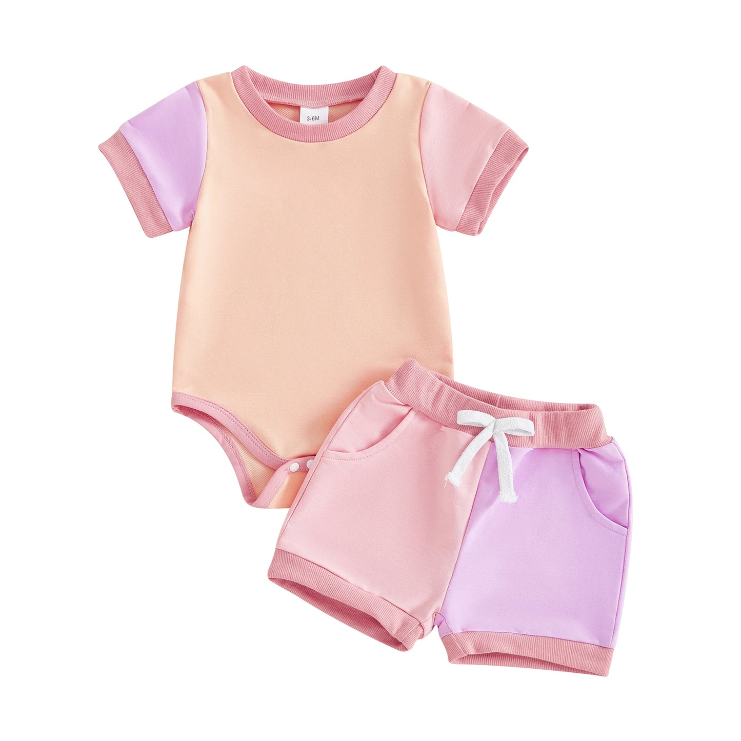 Baby Boys 2Pcs Summer Shorts Sets Short Sleeve O Neck Contrast Color Romper and Drawstring Shorts Set