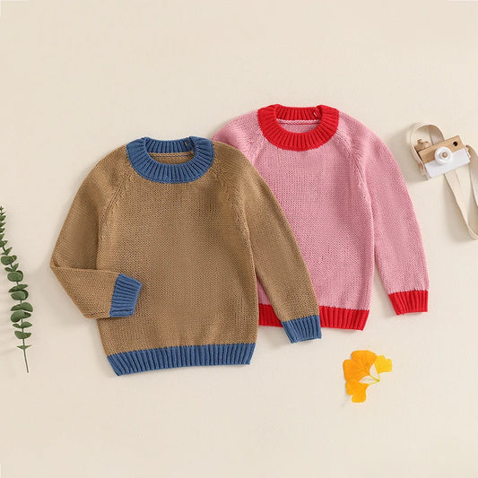 Baby Toddler Boys Girls Sweater Long Sleeve O-Neck Contrast Color Winter Warm Knit Pullover Top