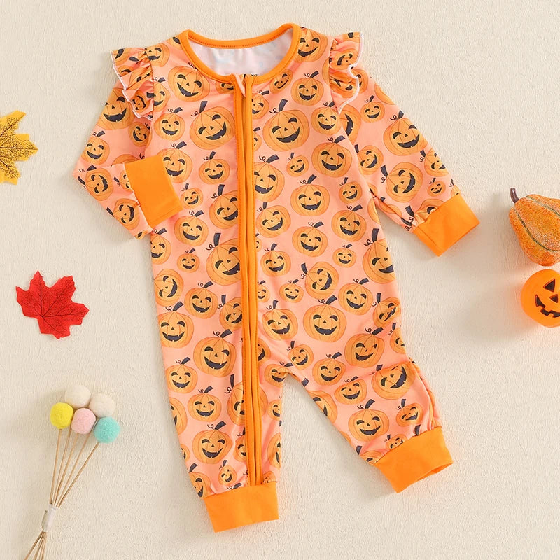 Baby Girls Halloween Romper Pumpkin Print Ruffle Trim Long Sleeve Full Length Zipper Jumpsuit for Fall