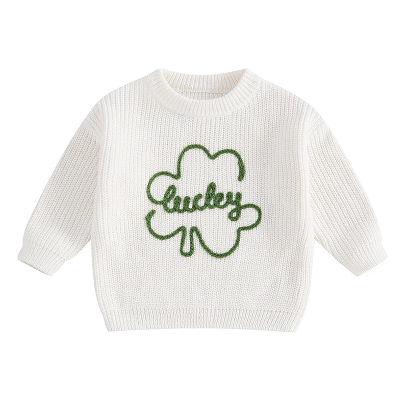 Baby Toddler Kids Boys Girls Lucky Knit Sweater Long Sleeve Round Neck Shamrock Letter Embroidery Pullover Spring St. Patrick's Day Top