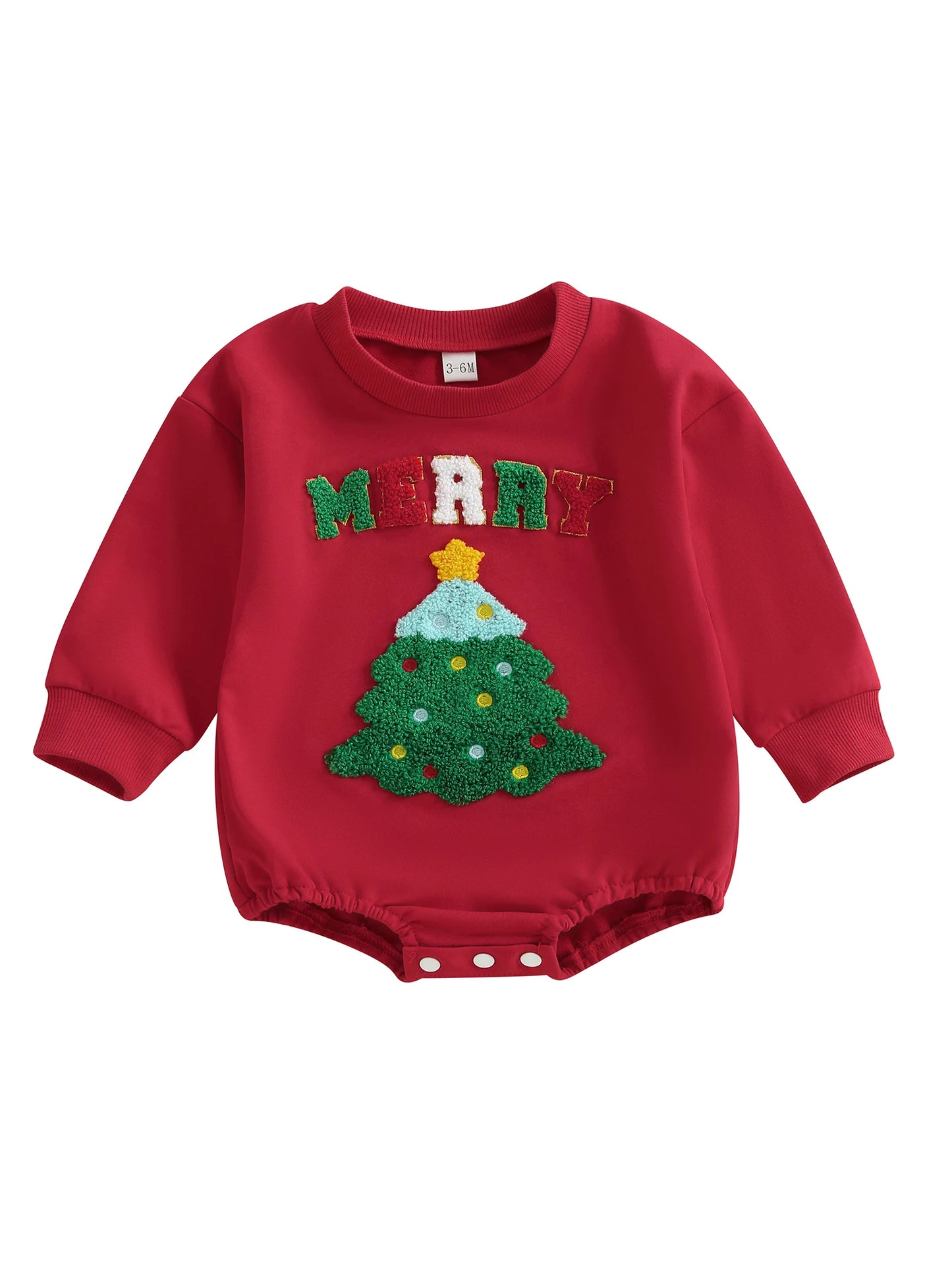 Baby Girl Boy Merry Romper Long Sleeve Round Neck Letter Christmas Tree Embroidery Bubble Jumpsuit