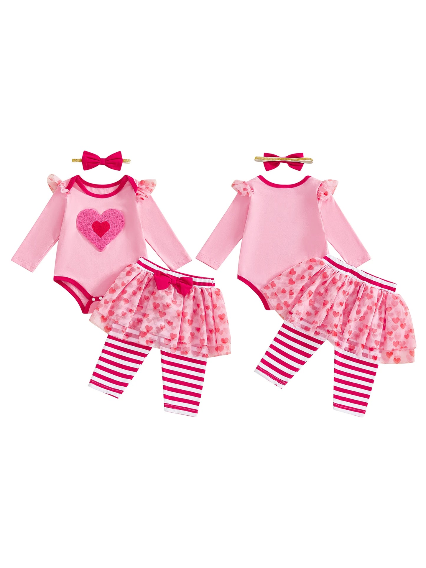 Baby Girl 3Pcs Valentines Day Outfit Heart Ruffle Long Sleeve Romper Striped Skirt Pants and Bow Headband 3 Piece Set