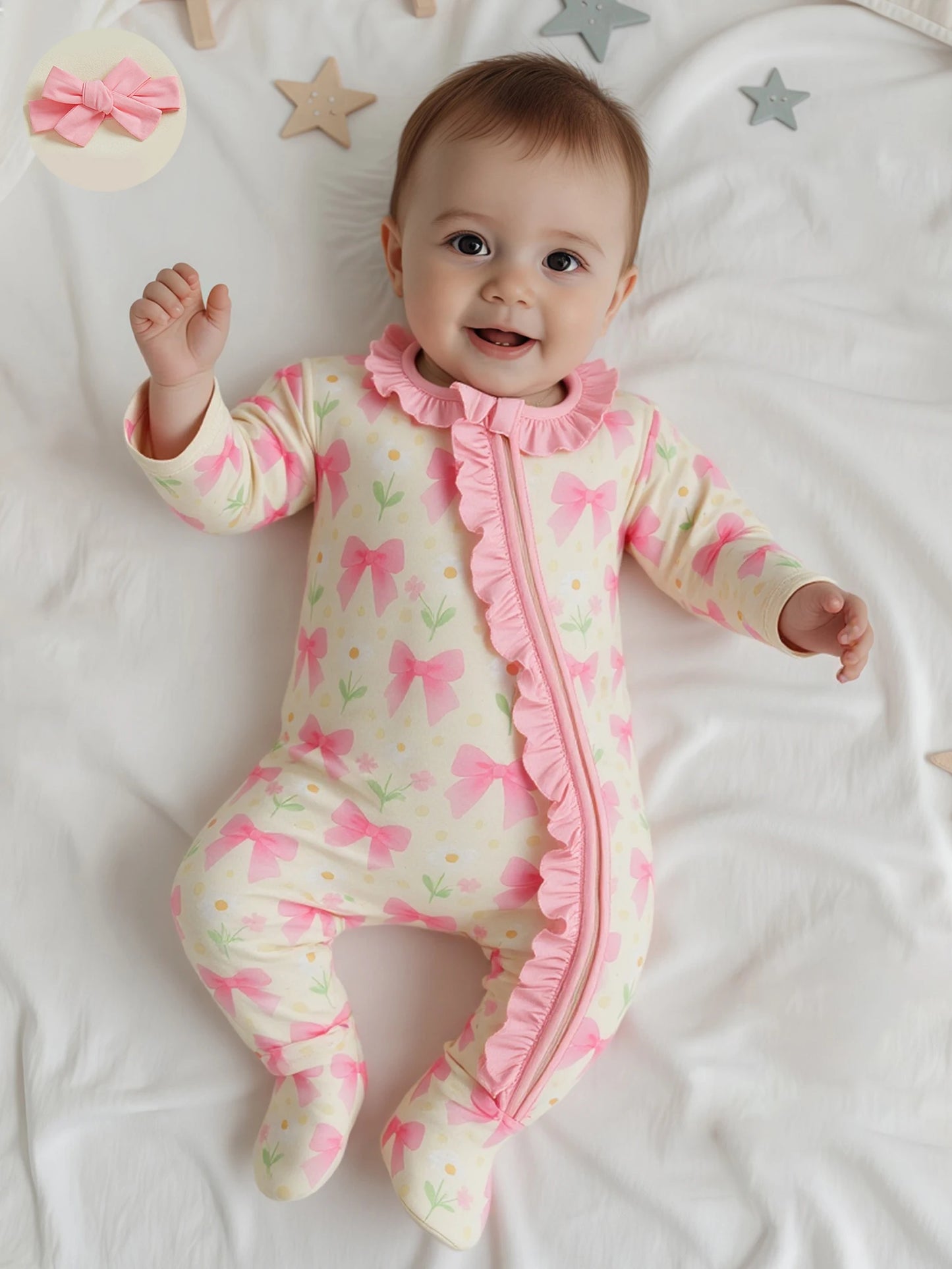 Baby Girl 2Pcs Footed Zipper Romper Floral Print Long Sleeve Zip Up Round Neck Ruffled Jumpsuit with Headband Set