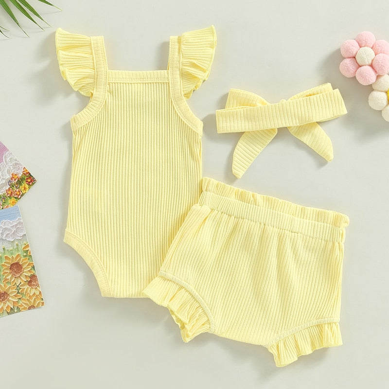 Baby Toddler Girls 3Pcs Flutter Sleeve Solid Romper Tops Drawstring Short Pants Headband Outfit